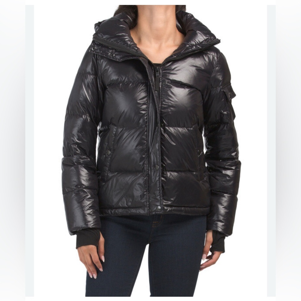 SAM S13 NY Ella Down Feather Glossy Puffer Coat Jet Black Jacket XS $328